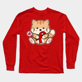 Cute Cat Holding Red Ribbon Long Sleeve T-Shirt